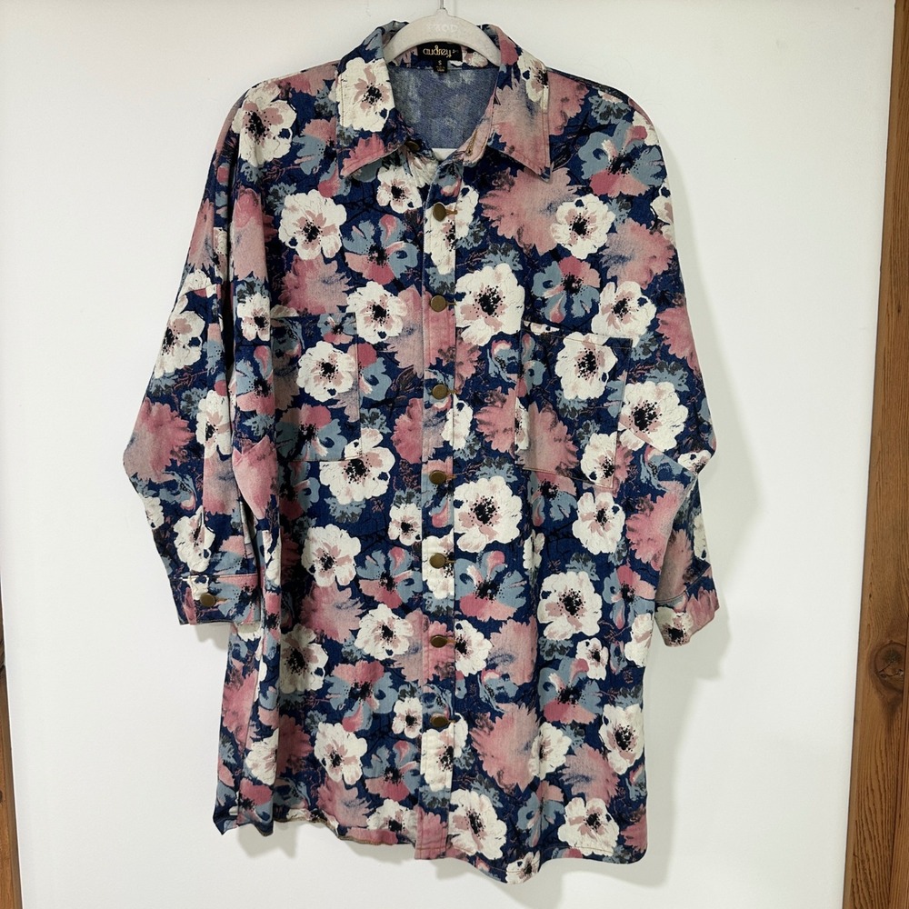 Audrey 3+1 Womens S Oversized Floral Denim Shacket Pink Blue Cotton Artsy
